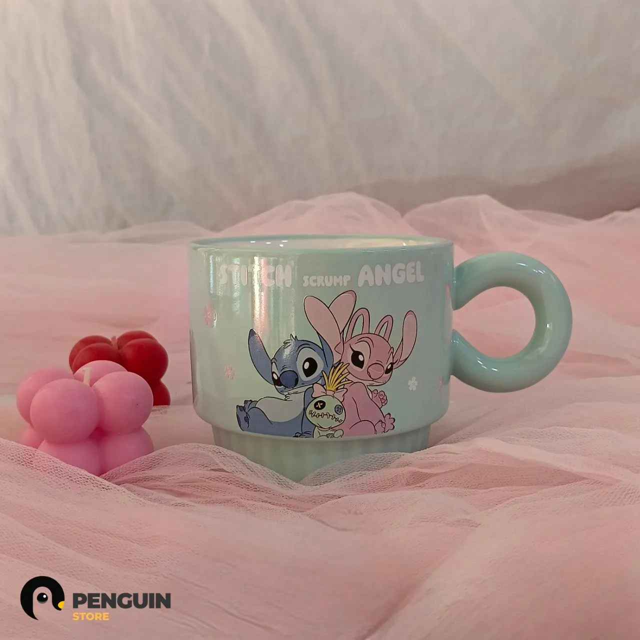 مج "ستيتش وأنجل" (Stitch & Angel) - مج سيراميك "مينت جرين" بـ يد دائرية وتصميم ديزني الأيقوني للروقان 💙💗✨