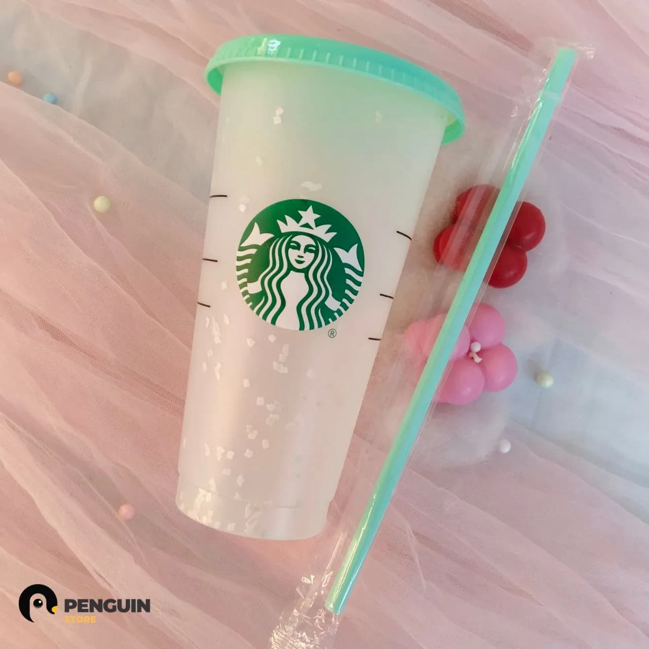 آيس كب (Ice Cup) "ستاربكس" كونفيتي - كوب قهوة باردة بـ شاليمو وغطاء مينت جرين ☕️✨🍃