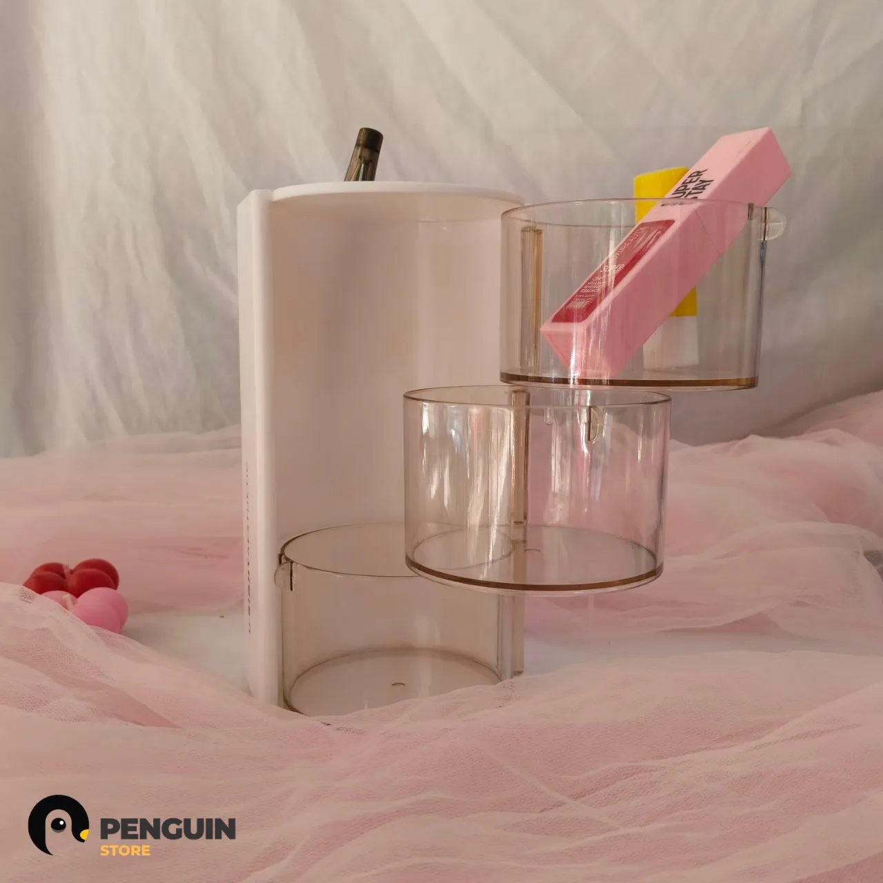 منظم مكتب دوار (3 طبقات) - استند تنظيم شفاف 360 درجة للأدوات والـ Accessories من Penguin Store 🔄✨ منظم مكتب مودرن ⚪️