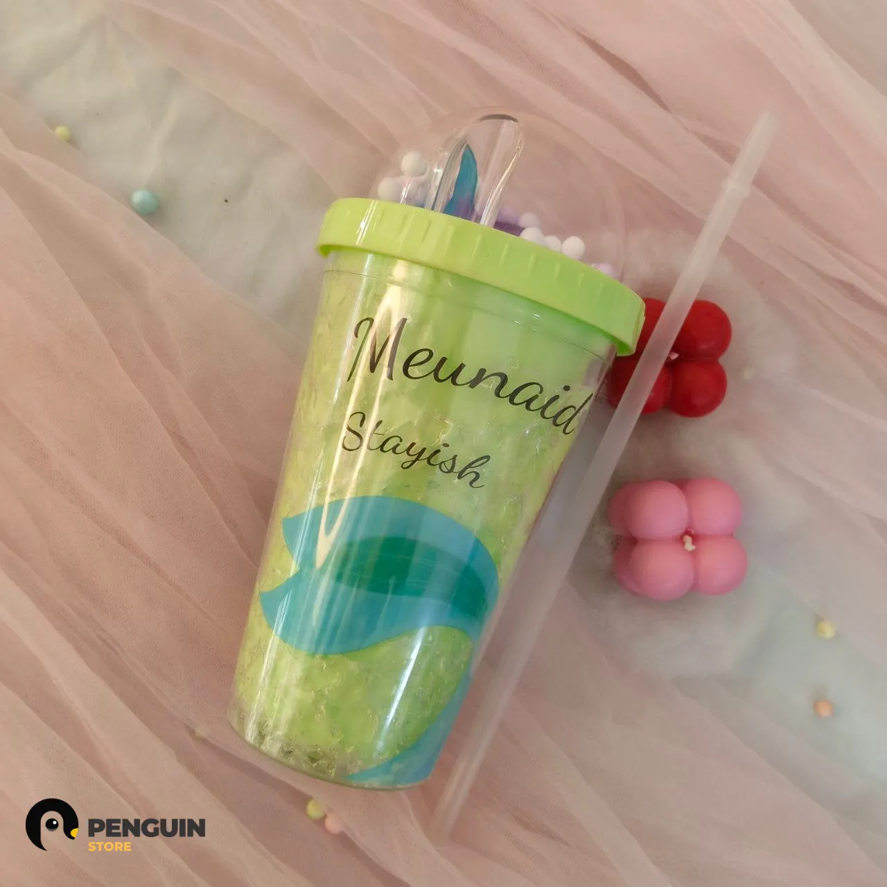 آيس كب (Ice Cup) "Mermaid Stayish" - كوب مشروبات باردة لون أخضر بـ ديل عروسة البحر وغطاء "" 🧜♀️💚✨