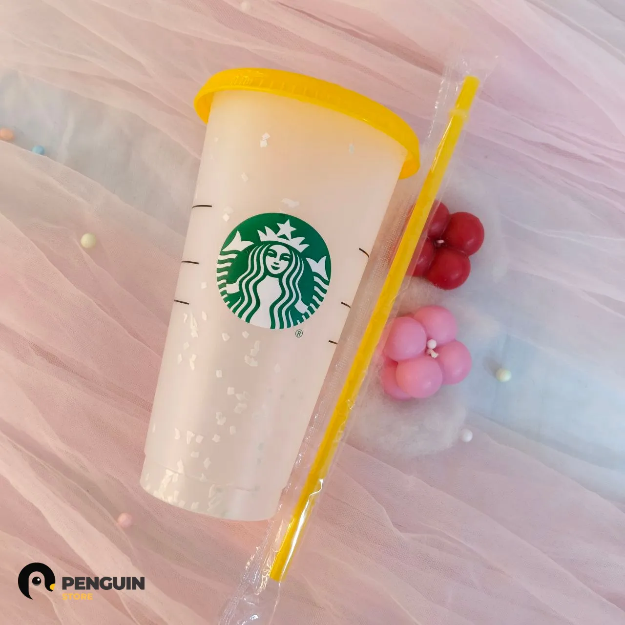 آيس كب (Ice Cup) "ستاربكس" كونفيتي - كوب قهوة باردة بـ شاليمو وغطاء برتقالي☕️✨🍋